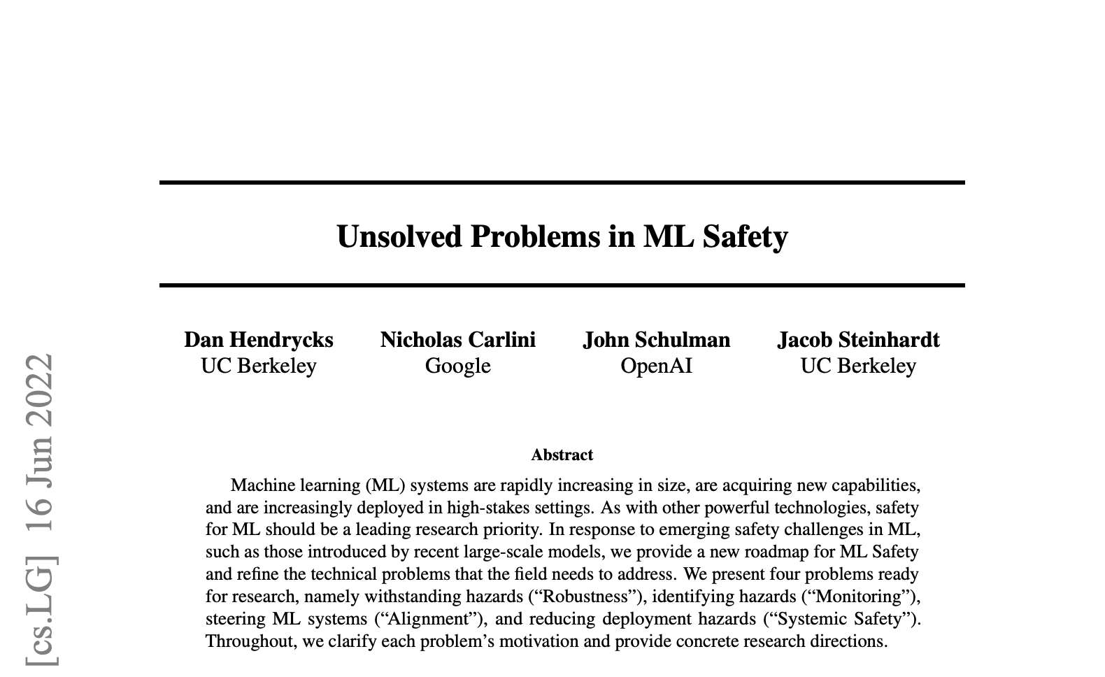 Unsolved problems in ML Safety